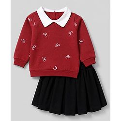 Babyhug 100% Cotton Terry Knit Top and Skirt with Full Sleeves and Tartan Plaid Print in Maroon for 12-18 Months