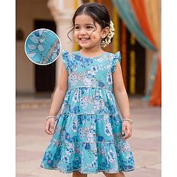 Babyhug Cambric Woven Ethnic Dresses with Half Sleeves and Floral Print - Light Blue