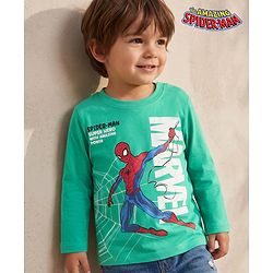 Babyhug Marvel 100% Cotton Knit T-Shirt with Full Sleeves and Spider-Man Print in Mint