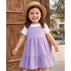 Babyhug 100% Cotton Woven Frock and Tee with Half Sleeves and Eyelet Embroidery in Lavender for 3-6 Months
