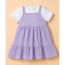 Babyhug 100% Cotton Woven Frock and Tee with Half Sleeves and Eyelet Embroidery in Lavender for 3-6 Months