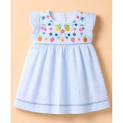 Babyhug Cotton Woven Fit and Flare Frock with Half Sleeves and Fruit and Flowers Embroidery - Blue