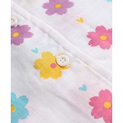 Babyhug Cotton Muslin Woven Front Open Co-ord Shirt & Pajama Night Suit with Floral & Heart Print - White