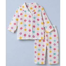 Babyhug Cotton Muslin Woven Front Open Co-ord Shirt & Pajama Night Suit with Floral & Heart Print - White