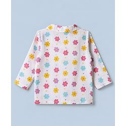 Babyhug Cotton Muslin Woven Front Open Co-ord Shirt & Pajama Night Suit with Floral & Heart Print - White