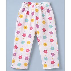 Babyhug Cotton Muslin Woven Front Open Co-ord Shirt & Pajama Night Suit with Floral & Heart Print - White