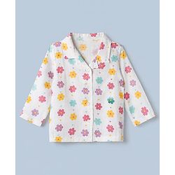 Babyhug Cotton Muslin Woven Front Open Co-ord Shirt & Pajama Night Suit with Floral & Heart Print - White