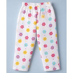 Babyhug Cotton Muslin Woven Front Open Co-ord Shirt & Pajama Night Suit with Floral & Heart Print - White