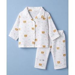 Babyhug Cotton Muslin Woven Front Open Co-ord Shirt & Pajama Night Suit with Floral & Bear Print - White