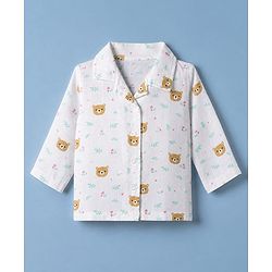 Babyhug Cotton Muslin Woven Front Open Co-ord Shirt & Pajama Night Suit with Floral & Bear Print - White