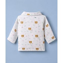 Babyhug Cotton Muslin Woven Front Open Co-ord Shirt & Pajama Night Suit with Floral & Bear Print - White