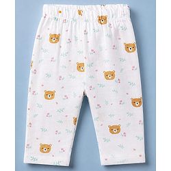 Babyhug Cotton Muslin Woven Front Open Co-ord Shirt & Pajama Night Suit with Floral & Bear Print - White