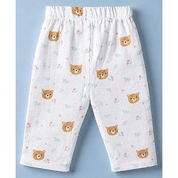 Babyhug Cotton Muslin Woven Front Open Co-ord Shirt & Pajama Night Suit with Floral & Bear Print - White