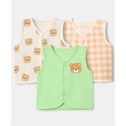 Babyhug 100% Cotton Cambric Woven Jhablas with Sleeveless and Bear Print Pack of 3 - Green Peach & Orange
