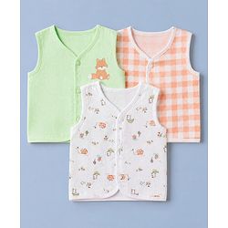 Babyhug 100% Cotton Cambric Woven Sleeveless Jhablas with Fox Print Pack of 3 - White Green & Orange