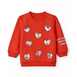 Babyhug 100 % Cotton Fleece Knit Sweatshirt with Full Sleeves and Hearts Sequins in Red