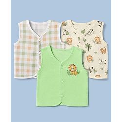 Babyhug 100% Cotton Cambric Woven Jhablas with Sleeveless and Lion Print Pack of 3 - Green Peach & White