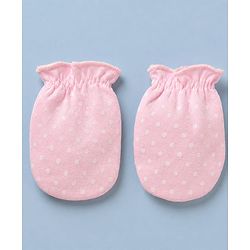 Babyhug 100% Cotton Interlock Knit Cap, Mitten & Booties with Polka Dots in Pink - Diameter - 14.5 cm
