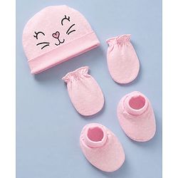 Babyhug 100% Cotton Interlock Knit Cap, Mitten & Booties with Polka Dots in Pink - Diameter - 14.5 cm