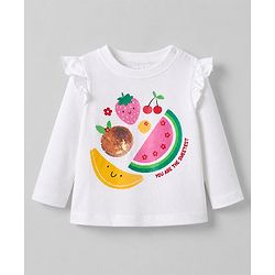 Babyhug 100% Cotton Knit T-Shirts with Full Sleeves, Frill Detail and Fruit Print - White