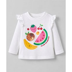 Babyhug 100% Cotton Knit T-Shirts with Full Sleeves, Frill Detail and Fruit Print - White