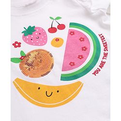 Babyhug 100% Cotton Knit T-Shirts with Full Sleeves, Frill Detail and Fruit Print - White