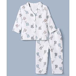 Babyhug Cotton Muslin Woven Front Open Co-ord Shirt & Pajama Night Suit with Elephant & Star Print - White
