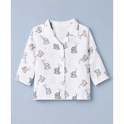 Babyhug Cotton Muslin Woven Front Open Co-ord Shirt & Pajama Night Suit with Elephant & Star Print - White