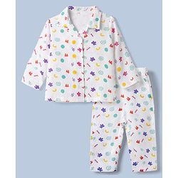 Babyhug Cotton Muslin Woven Front Open Co-ord Shirt & Pajama Night Suit with Flower & Polka Dots Shapes Print - White