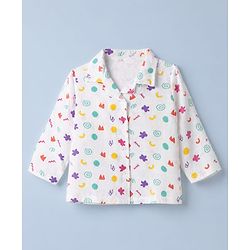 Babyhug Cotton Muslin Woven Front Open Co-ord Shirt & Pajama Night Suit with Flower & Polka Dots Shapes Print - White
