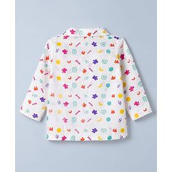 Babyhug Cotton Muslin Woven Front Open Co-ord Shirt & Pajama Night Suit with Flower & Polka Dots Shapes Print - White