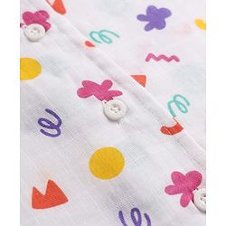 Babyhug Cotton Muslin Woven Front Open Co-ord Shirt & Pajama Night Suit with Flower & Polka Dots Shapes Print - White
