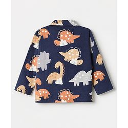 Babyhug Cotton Knit Full Sleeves Front Open Co-ord Shirt & Pajama Night Suit with Dinosaur Print - Navy Blue