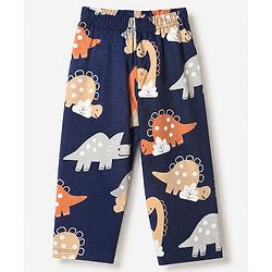 Babyhug Cotton Knit Full Sleeves Front Open Co-ord Shirt & Pajama Night Suit with Dinosaur Print - Navy Blue