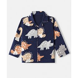 Babyhug Cotton Knit Full Sleeves Front Open Co-ord Shirt & Pajama Night Suit with Dinosaur Print - Navy Blue