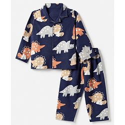 Babyhug Cotton Knit Full Sleeves Front Open Co-ord Shirt & Pajama Night Suit with Dinosaur Print - Navy Blue