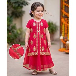 Babyhug Georgette Woven Half Seeves Sequin Floral Embroidered Ethic Dress - Fuchsia