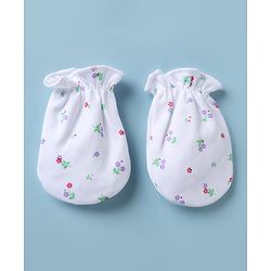 Babyhug 100% Cotton Interlock Knit Cap, Mitten & Booties with Floral Print White - Diameter 10 cm