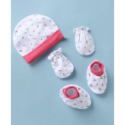 Babyhug 100% Cotton Interlock Knit Cap, Mitten & Booties with Floral Print White - Diameter 10 cm