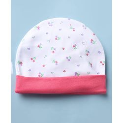 Babyhug 100% Cotton Interlock Knit Cap, Mitten & Booties with Floral Print White - Diameter 10 cm