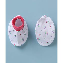Babyhug 100% Cotton Interlock Knit Cap, Mitten & Booties with Floral Print White - Diameter 10 cm