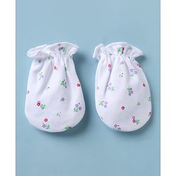 Babyhug 100% Cotton Interlock Knit Cap, Mitten & Booties with Floral Print White - Diameter 10 cm