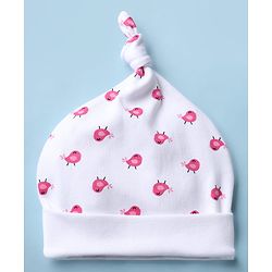Babyhug 100% Cotton Interlock Knit Cap Mittens & Booties With Bird Print White - Diameter 15.5 cm