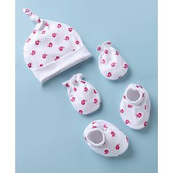 Babyhug 100% Cotton Interlock Knit Cap Mittens & Booties With Bird Print White - Diameter 15.5 cm
