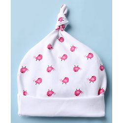 Babyhug 100% Cotton Interlock Knit Cap Mittens & Booties With Bird Print White - Diameter 15.5 cm