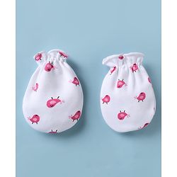 Babyhug 100% Cotton Interlock Knit Cap Mittens & Booties With Bird Print White - Diameter 15.5 cm