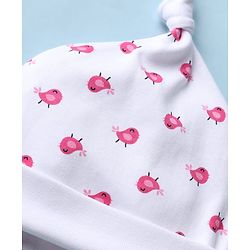 Babyhug 100% Cotton Interlock Knit Cap Mittens & Booties With Bird Print White - Diameter 15.5 cm