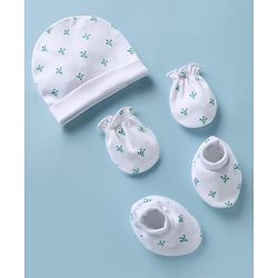 Babyhug 100% Cotton Interlock Knit Cap Mittens & Booties With Floral Print White - Diameter 14.5 cm