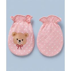 Babyhug 100% Cotton Interlock Knit Cap, Mitten & Booties Polka Dots & Animal Print in Pink - Diameter 14 cm