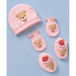 Babyhug 100% Cotton Interlock Knit Cap, Mitten & Booties Polka Dots & Animal Print in Pink - Diameter 14 cm